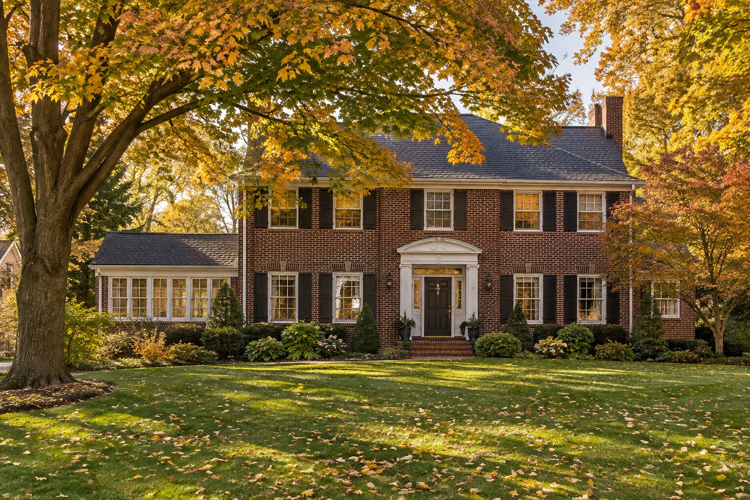 A brick colonial home on a tree lined Northeast Ohio street