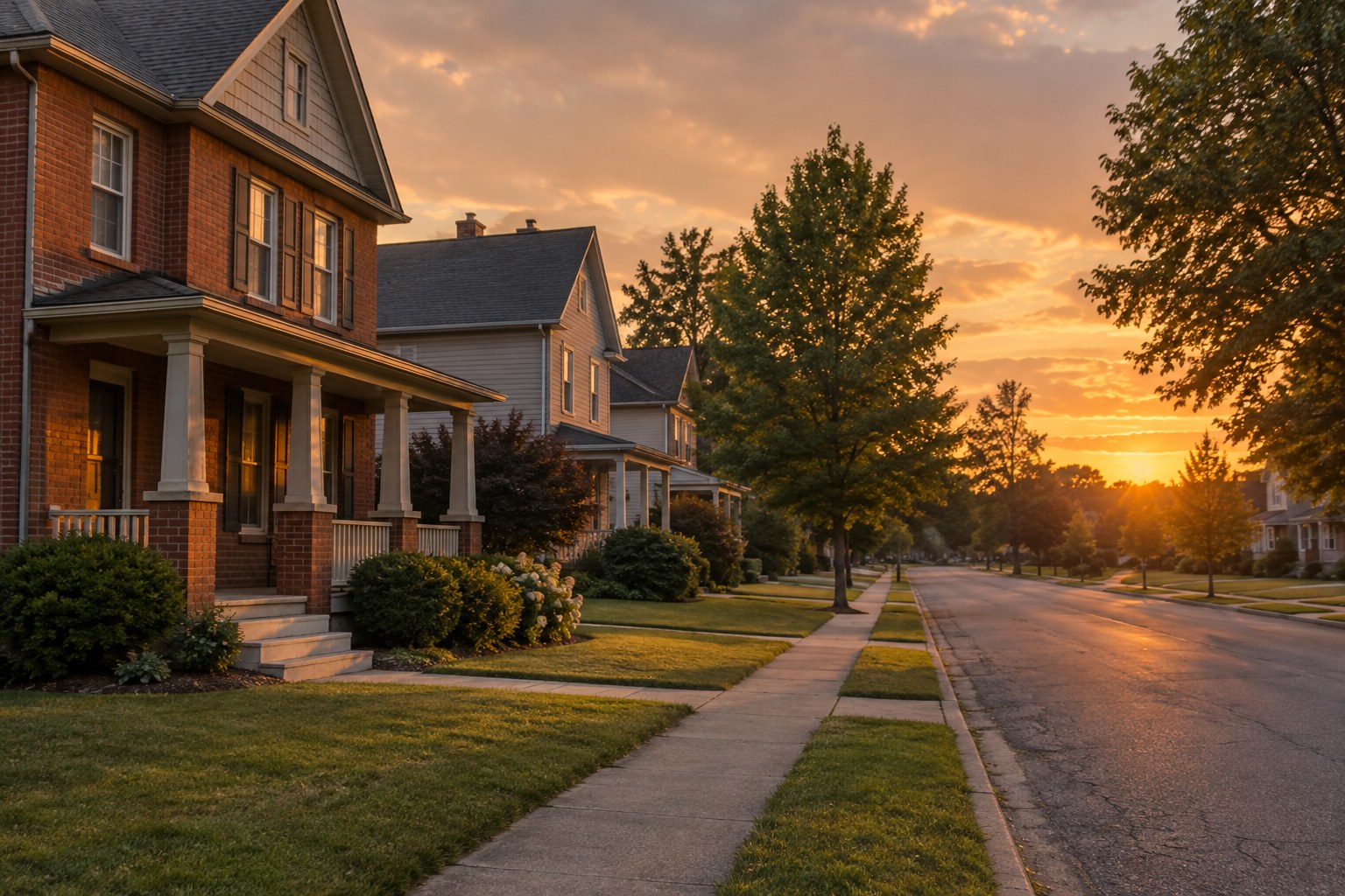 A Northeast Ohio residential street at sunset, illustrative