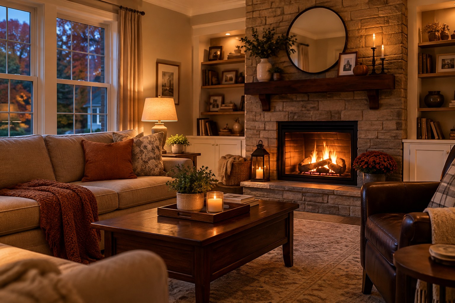 A cozy living room, illustrative